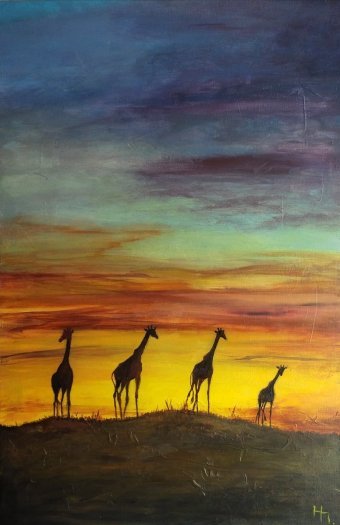 Pintura "África salvaje: atardecer y jirafas", pintor Natali Shevale acrílico lienzo en Jose Art Gallery