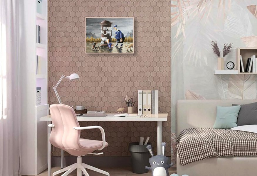 Imagem adicional 1: Primitivismo/Arte naïf Paisagem urbana Desenho "Anúncios", ilustrador Kostyantyn Kazanchev guache papel 