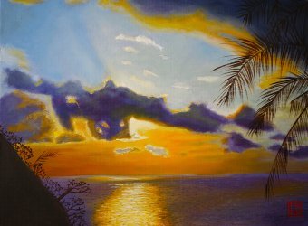 Painting "Mi Cielo: Peaceful Moments by the Sea" by painter Thu Nguyen oil canvas at Jose Art Gallery