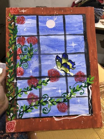 Painting "Colorful Floral Window View Art" by painter Preet Kaur watercolor canvas at Jose Art Gallery