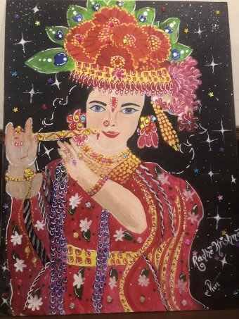 Painting "Elegant Kanha Portrait of Divine Beauty" by painter Preet Kaur watercolor canvas at Jose Art Gallery