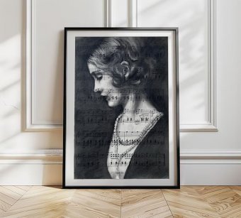 Graphique "Profil de femme au fusain sur une partition de musique vintage", illustrateur Julia Shilo charbon papier à la Jose Art Gallery