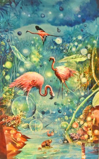 Peinture "Marais des flamants roses de l'esprit sauvage", peintre Jorge Calero acrylique toile à la Jose Art Gallery