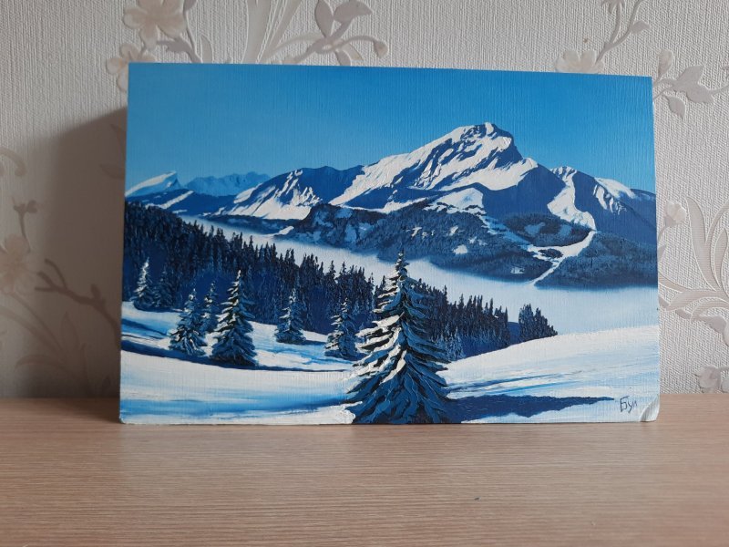 Additional view 1: Realism Landscape Painting Snowy valley in the mountains by painter Pavel Bulavintsev oil cardboard 