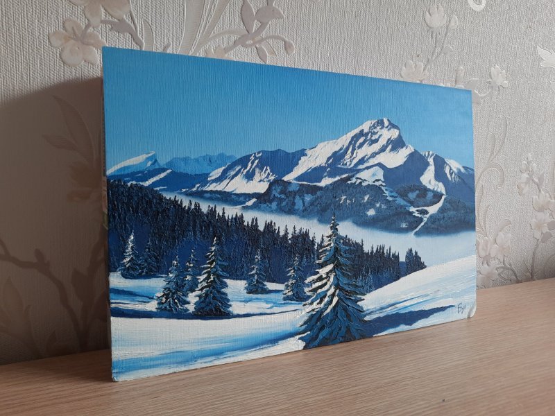 Additional view 3: Realism Landscape Painting Snowy valley in the mountains by painter Pavel Bulavintsev oil cardboard 