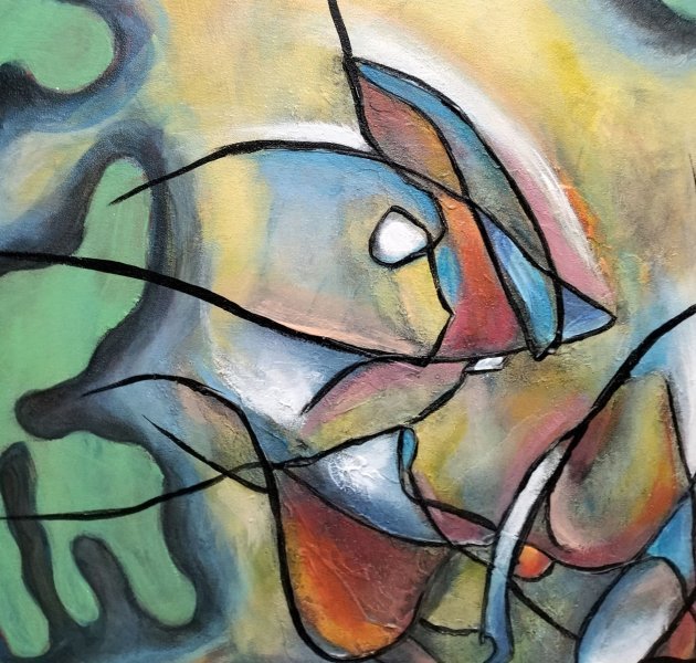 Additional view 1: Abstract Marine Art Painting Undersea World: Beauty and Danger Beneath by painter Lena Kolambet acrylic canvas 
