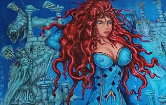 Painting "AQUAWOMAN in ATLANTIS - UNIQUE" by painter ANGEL PIANGELO acrylic cardboard at Jose Art Gallery
