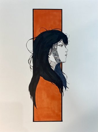 Painting "Cyborg Woman: Fusion of Human and Machine" by painter Helha K. mixed method paper at Jose Art Gallery