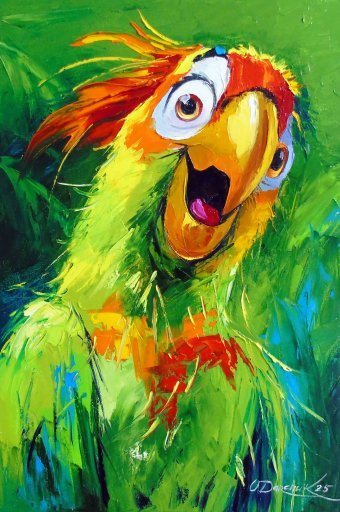 Painting "Parrot Surprise" by painter Olha Darchuk oil canvas at Jose Art Gallery