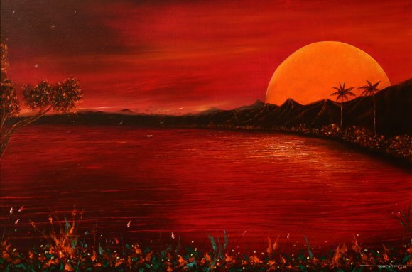 Fiery lake at dusk