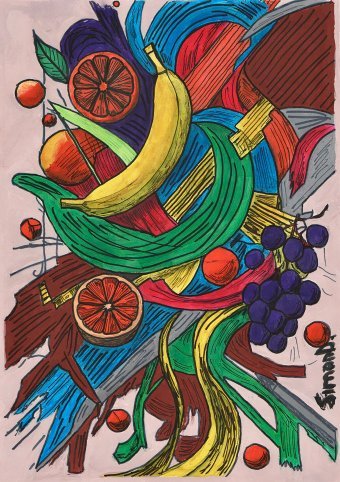Peinture "Tourbillon de fruits", peintre SimonD gouache papier à la Jose Art Gallery