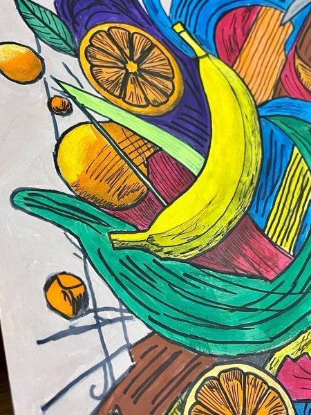 Image supplémentaire 3: Minimalisme Nature morte Peinture "Tourbillon de fruits", peintre SimonD gouache papier 