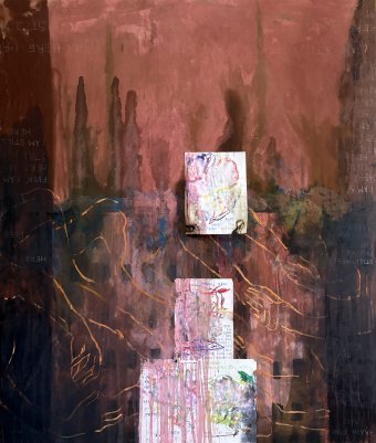 Malarstwo "Zostawili nam flagi, nie jedzenie", malarz Gela MIKAVA technika mieszana tkanina w Jose Art Gallery