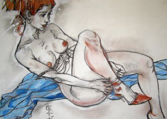 Graphik "Nackt beim Schuhe anziehen", illustrator Vitaliy Kotendzhi Pastell Papier in der Jose Art Gallery