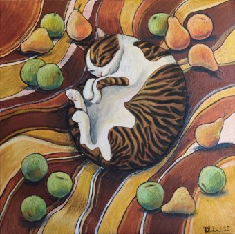 Painting "Sleeping Cat: Peaceful Moments of Warmth" by painter KOlha mixed method canvas at Jose Art Gallery