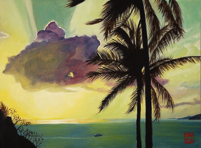 Arte moderno Paisaje Pintura "Mi Paradiso: Una escapada a una isla tropical" pintor Thu Nguyen óleo lienzo 