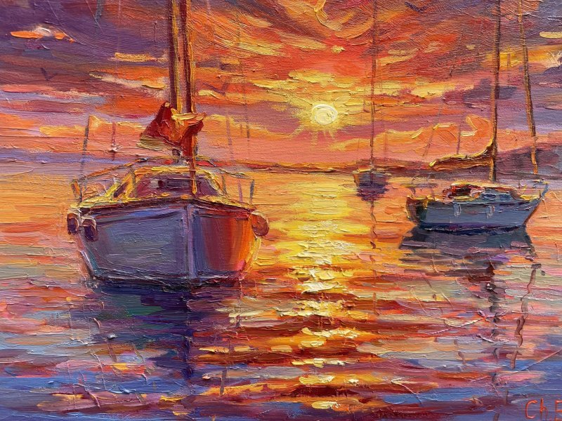 Immagine aggiuntiva 3: Impressionismo Paesaggio marino Pittura "Tramonto sul mare", pittore Yevgeny Chernyakovsky olio tela 