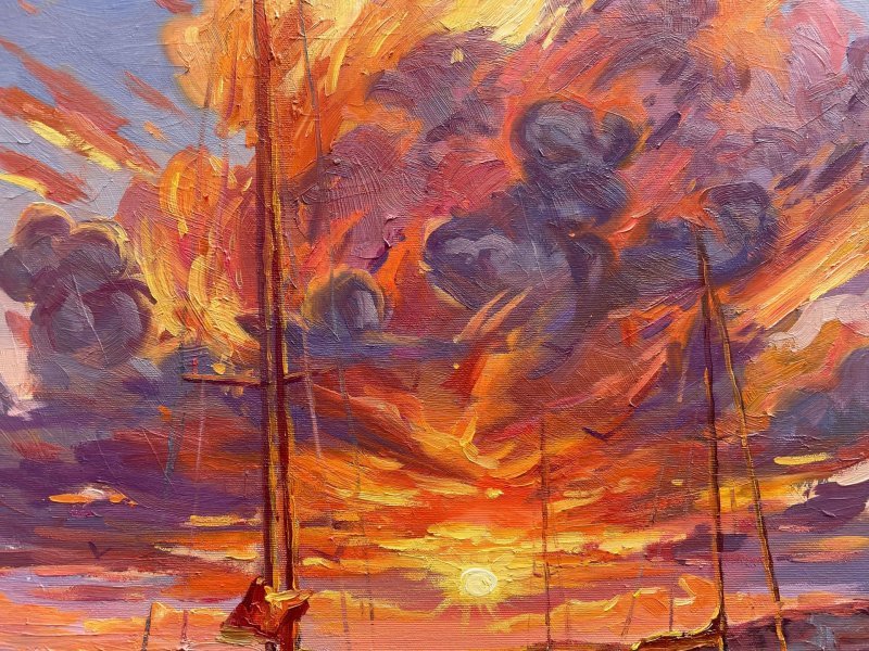 Immagine aggiuntiva 4: Impressionismo Paesaggio marino Pittura "Tramonto sul mare", pittore Yevgeny Chernyakovsky olio tela 