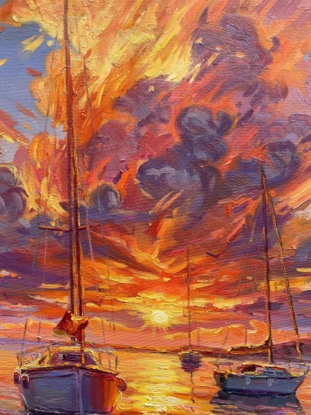 Immagine aggiuntiva 5: Impressionismo Paesaggio marino Pittura "Tramonto sul mare", pittore Yevgeny Chernyakovsky olio tela 