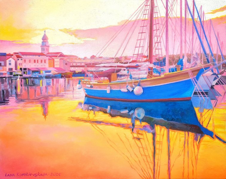Immagine aggiuntiva 2: Impressionismo Paesaggio marino Pittura "Sera a Krk", pittore Lana Korolievskaia olio tela 