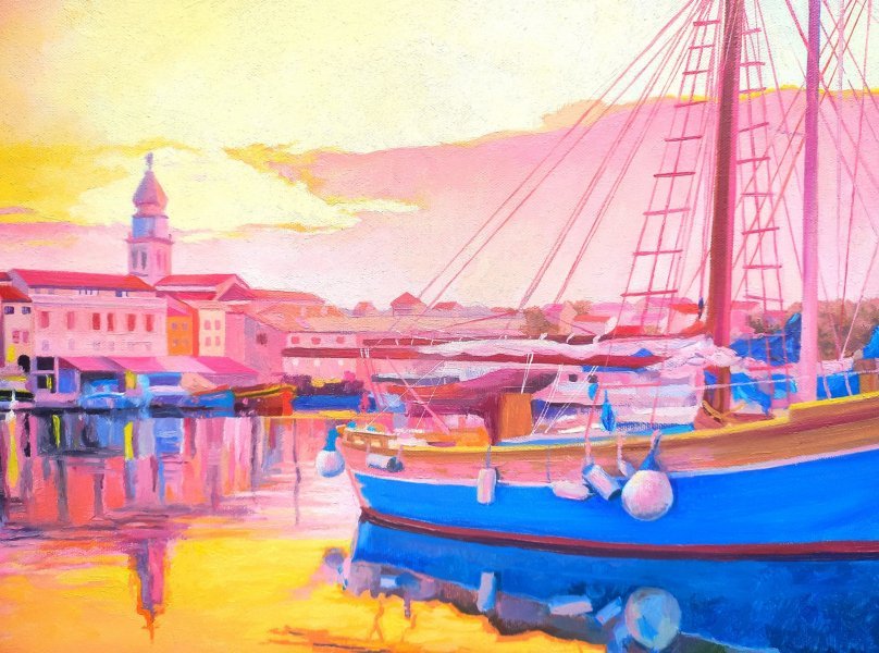 Immagine aggiuntiva 9: Impressionismo Paesaggio marino Pittura "Sera a Krk", pittore Lana Korolievskaia olio tela 