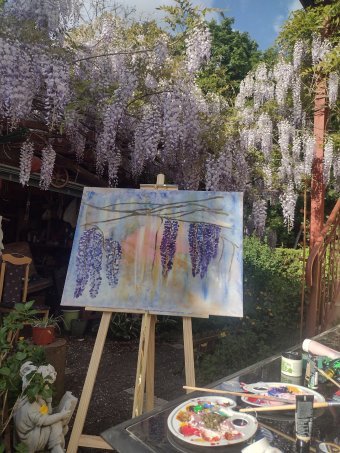 Painting "The Beauty of Wisteria: May Love Vine" by painter Urszula Socha acrylic canvas at Jose Art Gallery