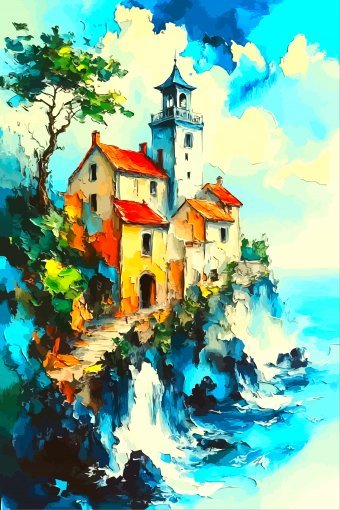 Digital Art "Cliffside Monastery View" by digital artist Viktor Levchenko at Jose Art Gallery