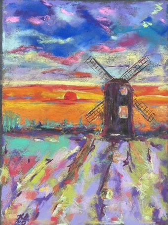 Графика "Старая мельница", иллюстратор Катерина Ковальчук мел бумага в Jose Art Gallery