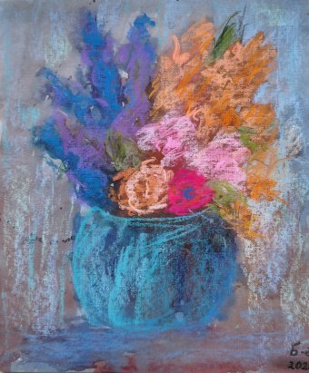 Painting "Vibrant Flowers in Blue Vase" by painter Nino Gudadze pastel paper at Jose Art Gallery