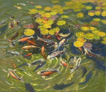 Painting "Koi in the pond" by painter Yevgeny Chernyakovsky oil canvas at Jose Art Gallery