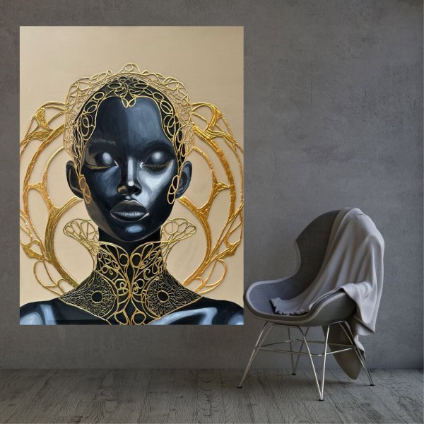 Additional view 1: Contemporary Art Portrait Painting Golden Empress by painter Larisa Robins acrylic wood 