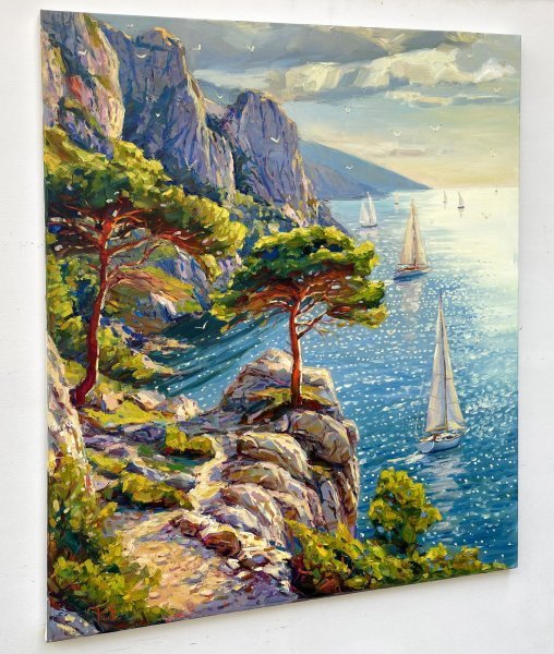 Immagine aggiuntiva 1: Impressionismo Paesaggio marino Pittura "Calma mattutina", pittore Yevgeny Chernyakovsky olio tela 