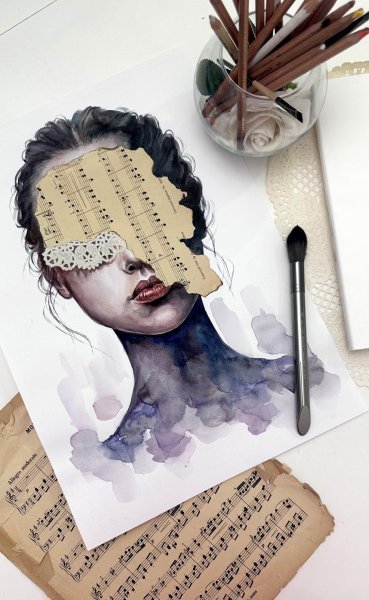 Дополнительное изображение 7: Сюрреализм Портрет Живопись "Фиолетовые сны. Сюрреалистический женский портрет" живописец Julia Shilo смешанная техника бумага 