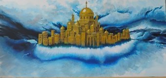 Grafika "Niebiańskie Jerozolimskie Złote Miasto", ilustrator Leon Katz farba akrylowa płótno w Jose Art Gallery