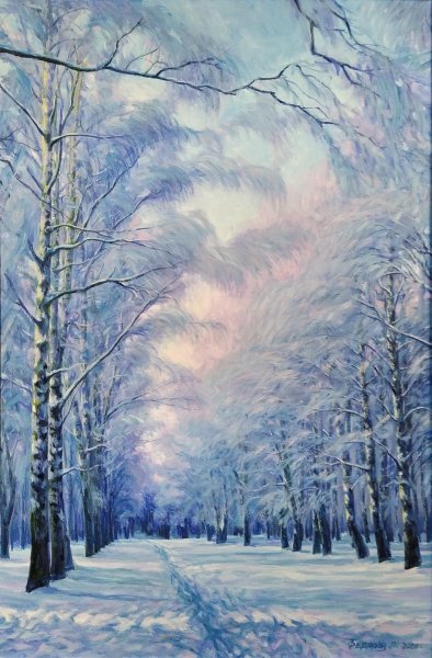 The Birch Alley. Winter. Painting by Leonid Fedorov