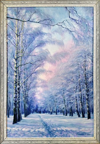 The Birch Alley. Winter. Painting by Leonid Fedorov