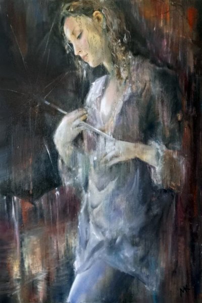 Image supplémentaire 4: Art figuratif Paysage urbain Peinture "Fille avec un parapluie : Sous la pluie nocturne", peintre Mkara huile toile 