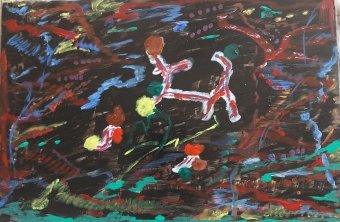 Drawing "Dog play" by illustrator Eric Cojocari acrylic cardboard at Jose Art Gallery