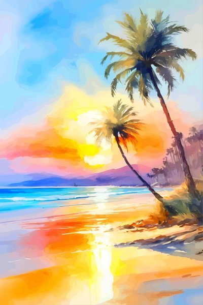 Peinture Murale Adhésive Stickerbrand, Coucher De Soleil Sur Plage Avec Palmiers Et Coastline, Réf 6040