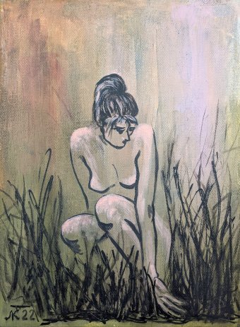 Painting "Among the Grass: Tender Nude Expression" by painter Lena Kolambet acrylic canvas at Jose Art Gallery