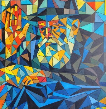 Painting "Colourful Cubist Portrait of a Rabbi" by painter Leon Katz acrylic canvas at Jose Art Gallery