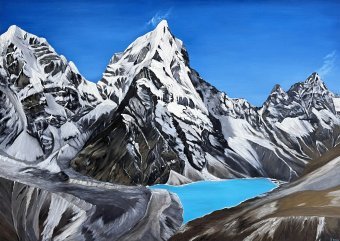 Pittura "Lago Chola e monte Cholaste", pittore Anna Tasheva olio tela alla Jose Art Gallery