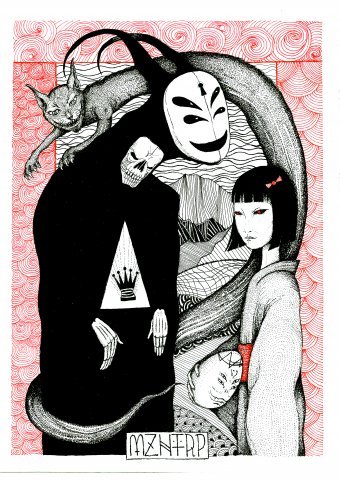 Drawing "Through the Demon Mirror" by illustrator MZNTRP drawing ink paper at Jose Art Gallery