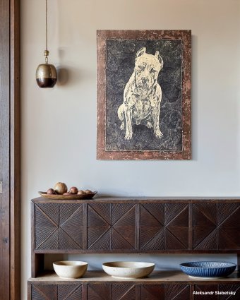 Drawing "My good dog is a pit bull." by illustrator Aleksandr Slabetsky mixed method wood at Jose Art Gallery