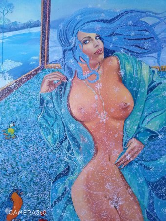 Графіка "Зимовий візит. Символічне оголене відображення", ілюстратор Gena Keusch олія полотно в Jose Art Gallery