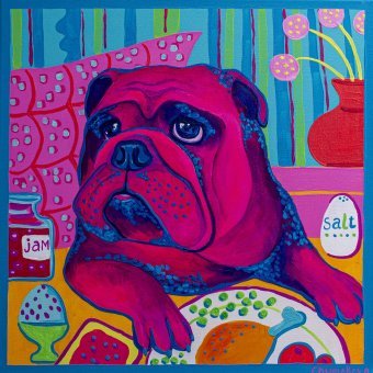 Painting "Bulka the Dog Eats Breakfast" by painter Oksana Chumakova acrylic canvas at Jose Art Gallery