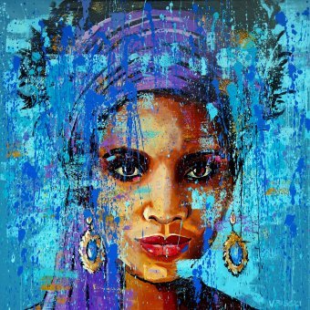 Painting "Woman in Violet Scarf: Oriental Mystery" by painter Babski Wojciech acrylic canvas at Jose Art Gallery