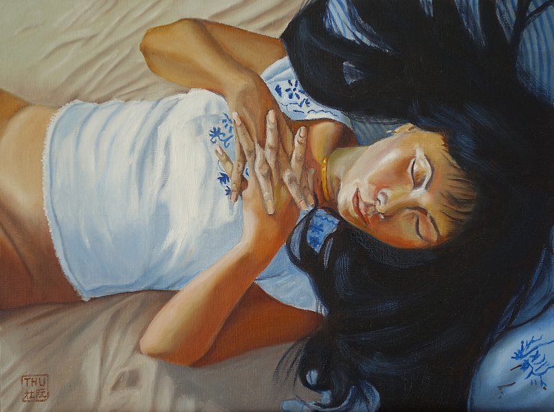 Arte moderno Retrato Pintura "Dulces sueños. Retrato sensual contemporáneo." pintor Thu Nguyen óleo lienzo 