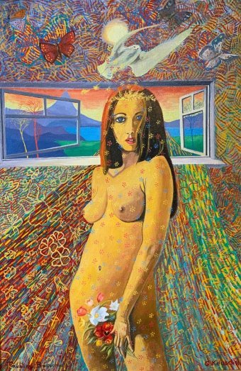 Живопис "Золота весна ню з птахами та квітами", живописець Gena Keusch масло холст в Jose Art Gallery