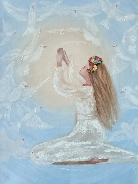 The light of hope in women's prayer Painting by Iryna Oliinyk